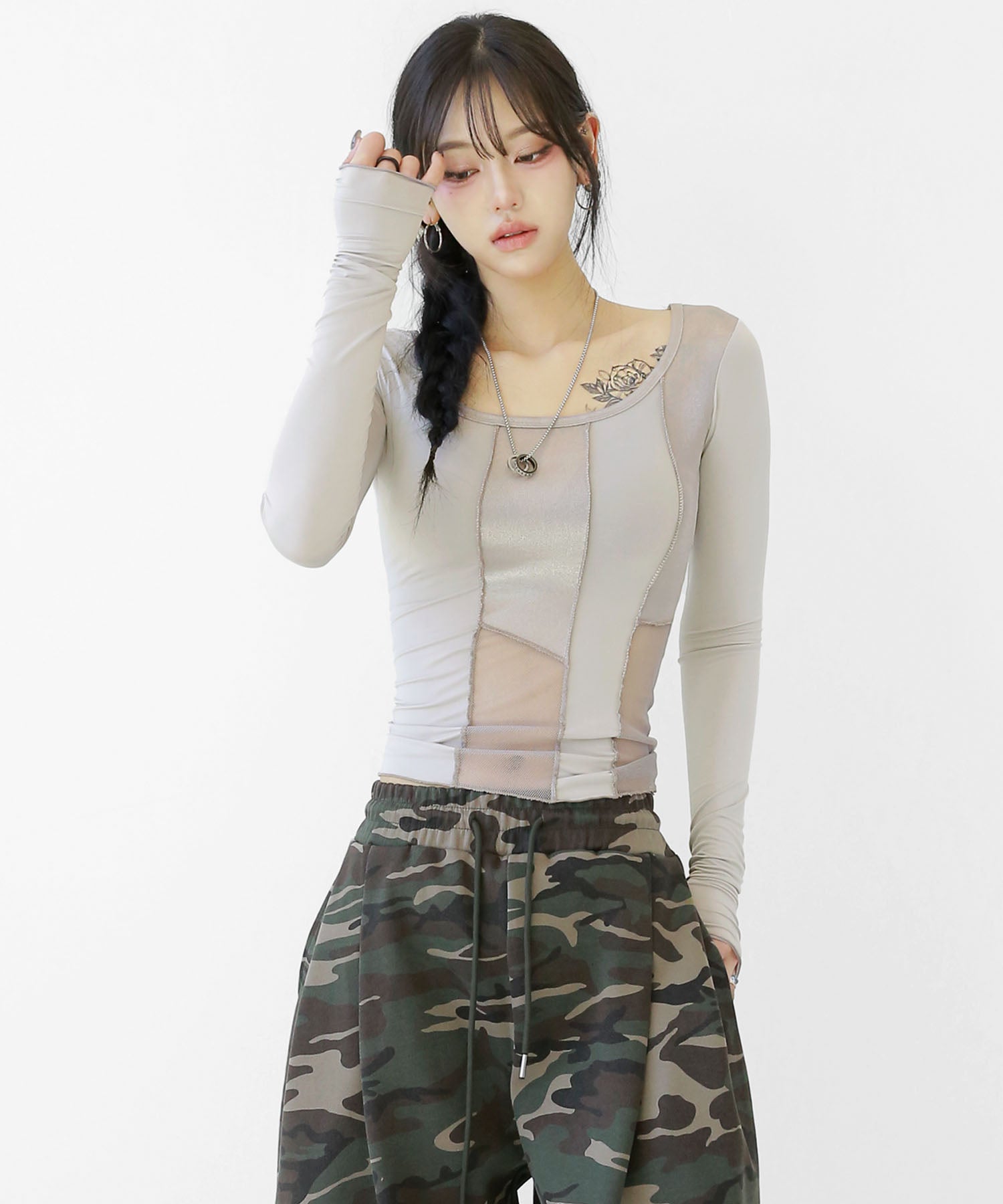 Mixed-Fabric Square Neck Top