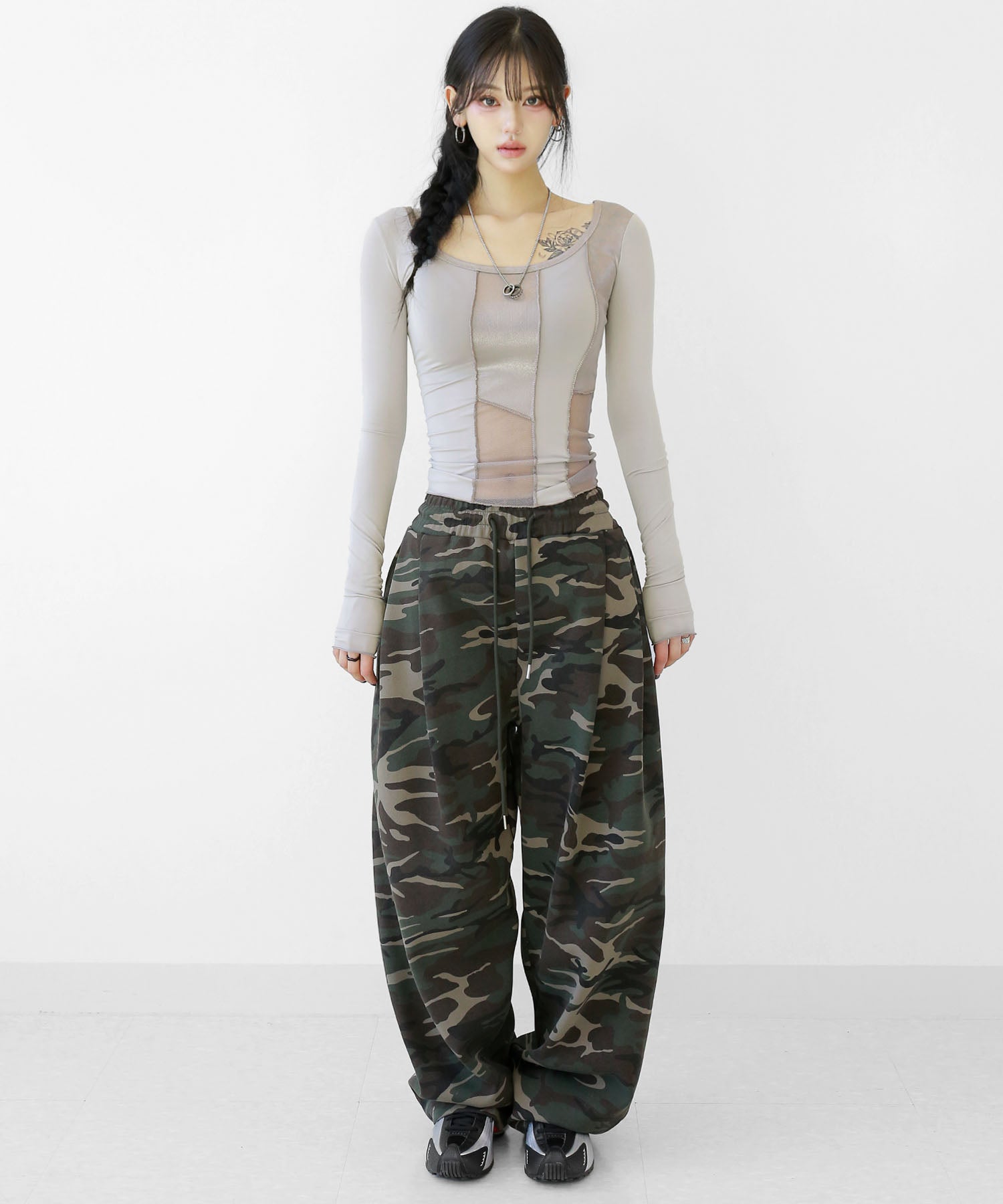 Mixed-Fabric Square Neck Top