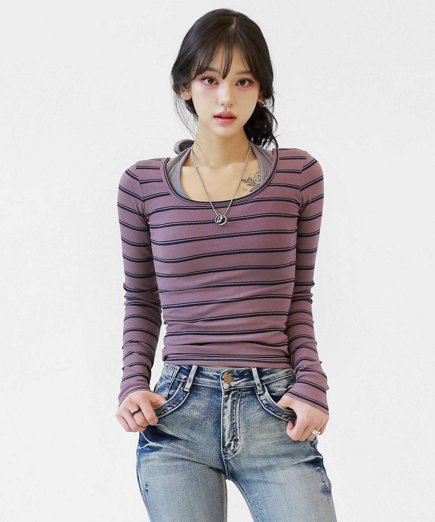 Semi-Cropped Multi-Stripe Long Sleeve Top