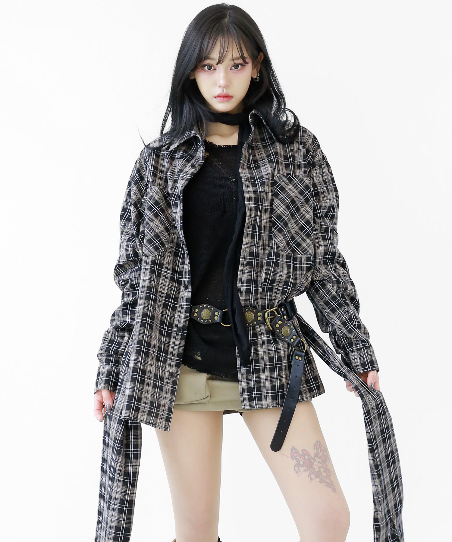 Oversized Double-Sleeve Plaid Shirt