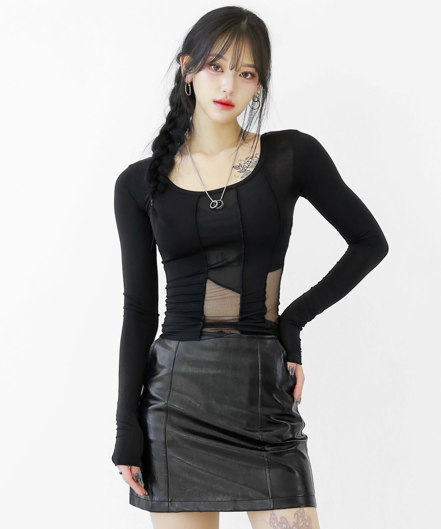 Mixed-Fabric Square Neck Top