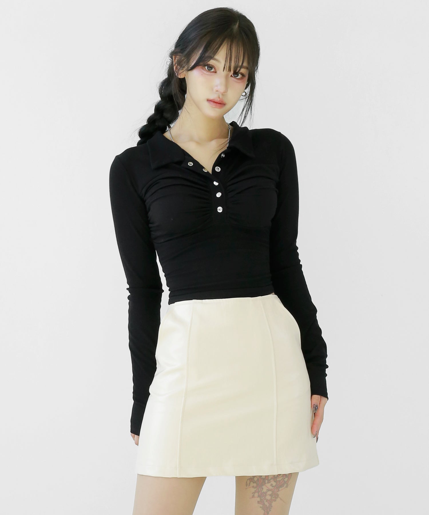 Half-Button Collared Slim Cropped Top