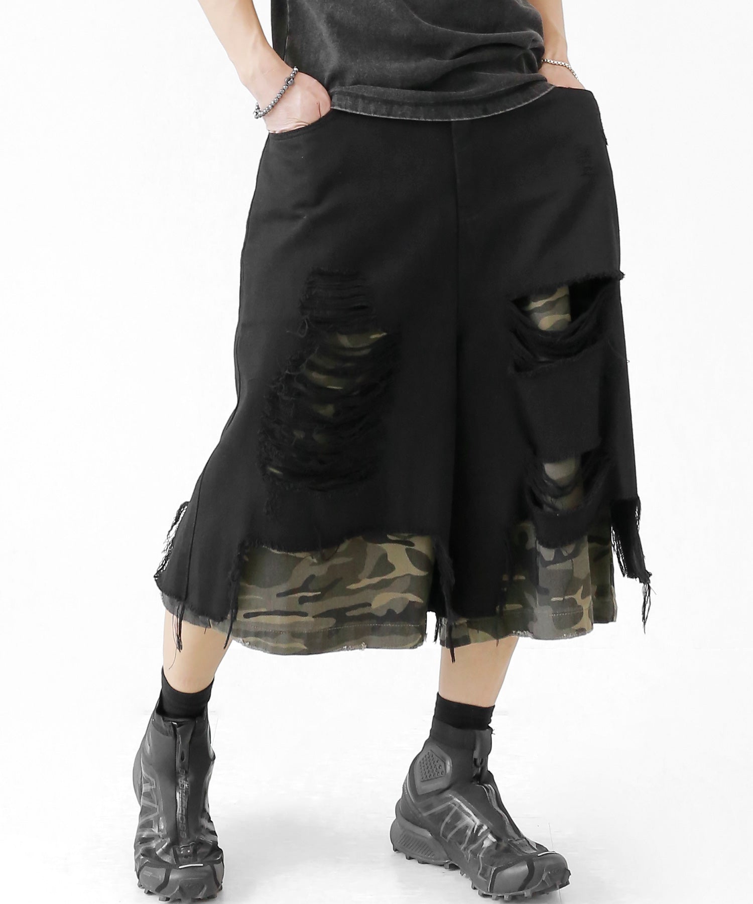 【oan】Muto Layered Camo Bermuda Pants CAMO HQ - Swedish Barracuda Woodland CAMO unisex wide-leg