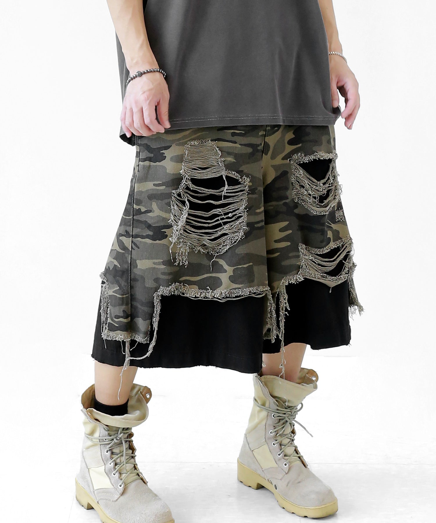 Layered Camo Bermuda Shorts with Distressed Details
