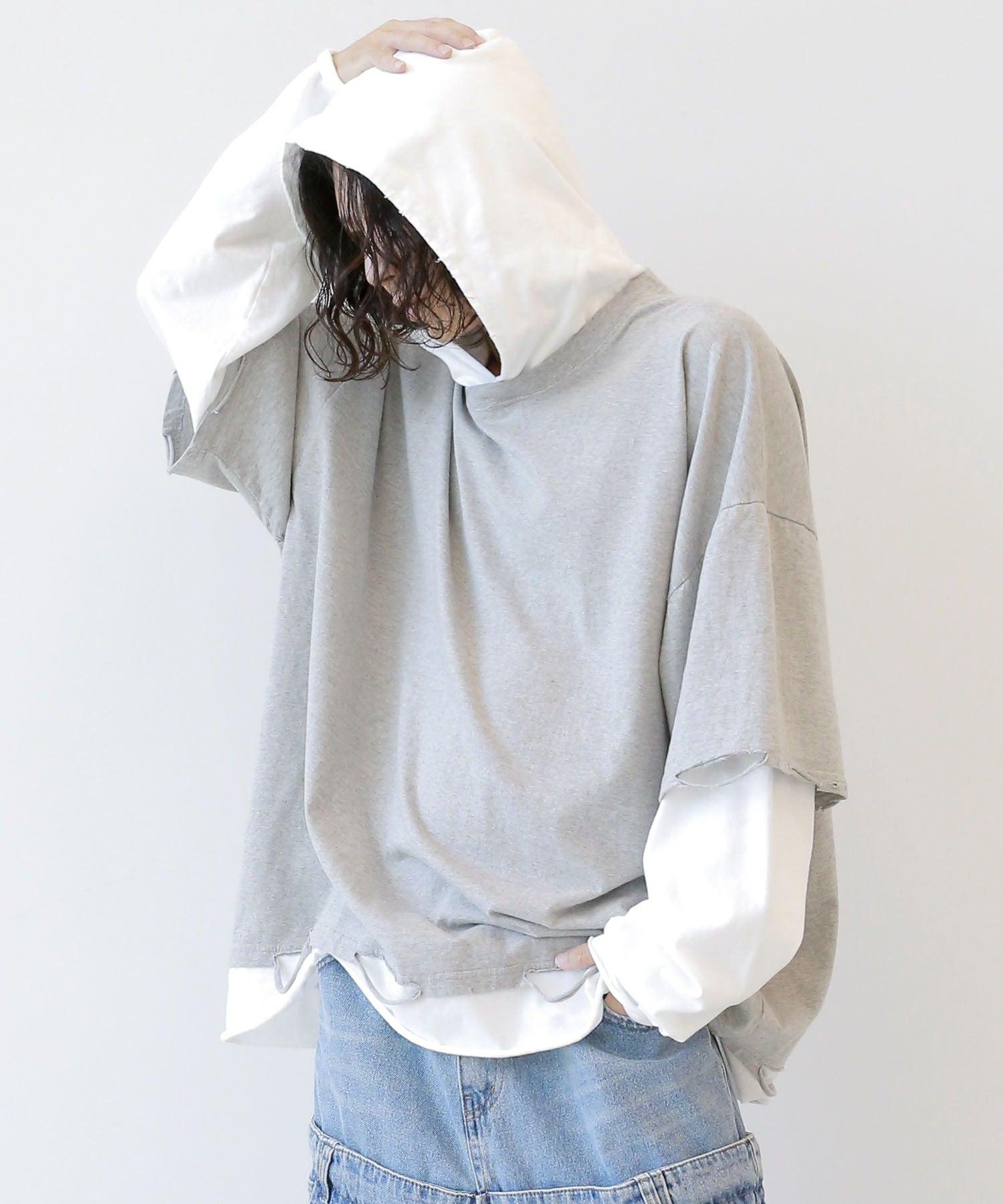 Layered style hooded T-shirt