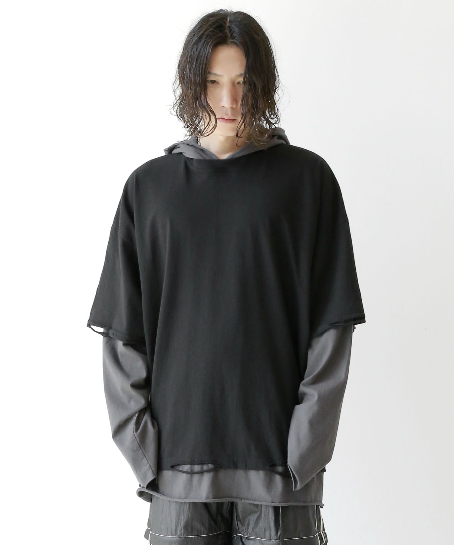 Layered style hooded T-shirt