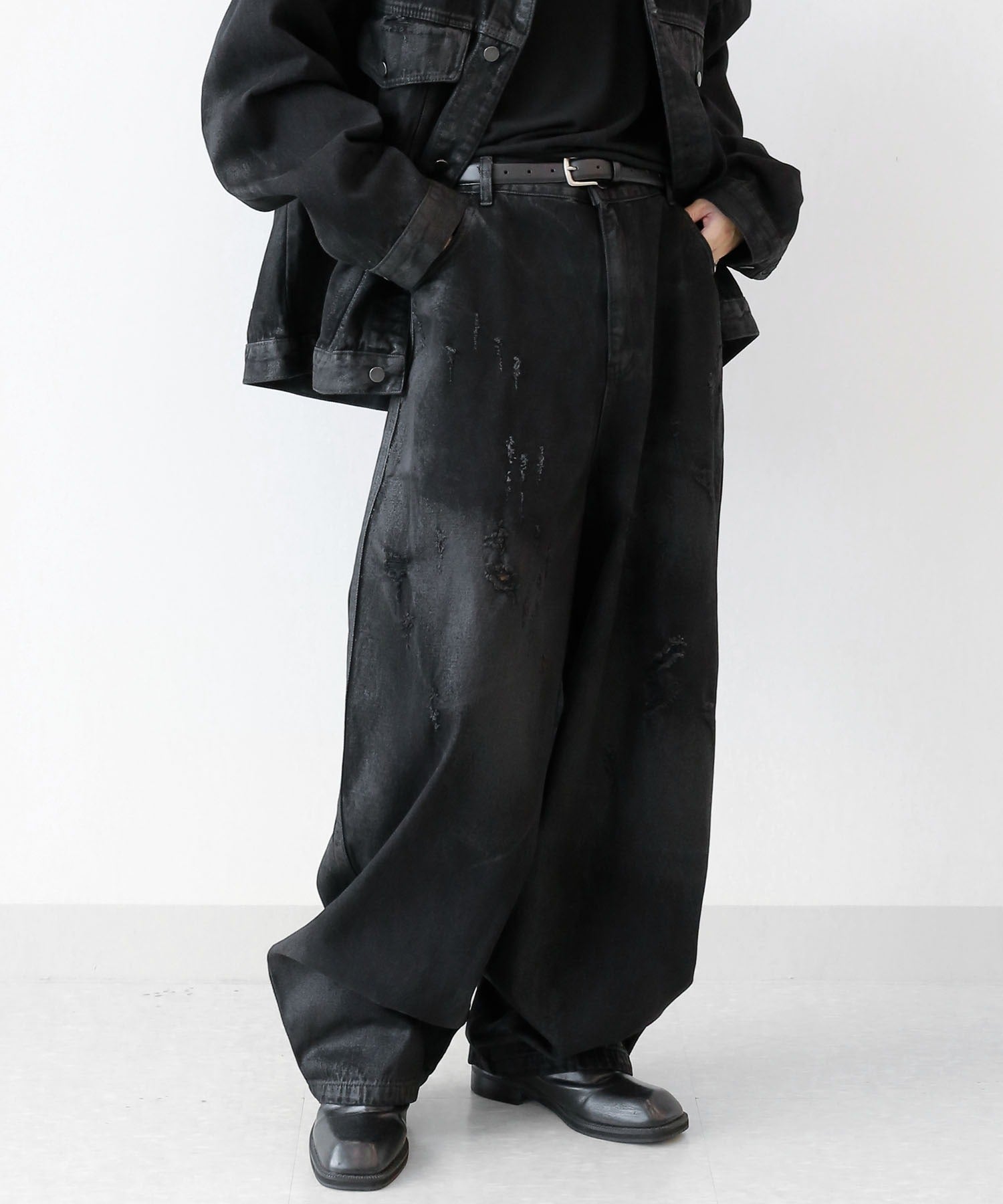 Coated Black Damaged Wide Denim Pants
