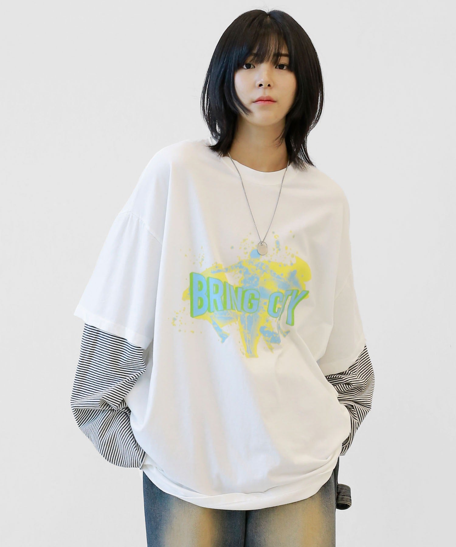 Layered style print long sleeve T-shirt