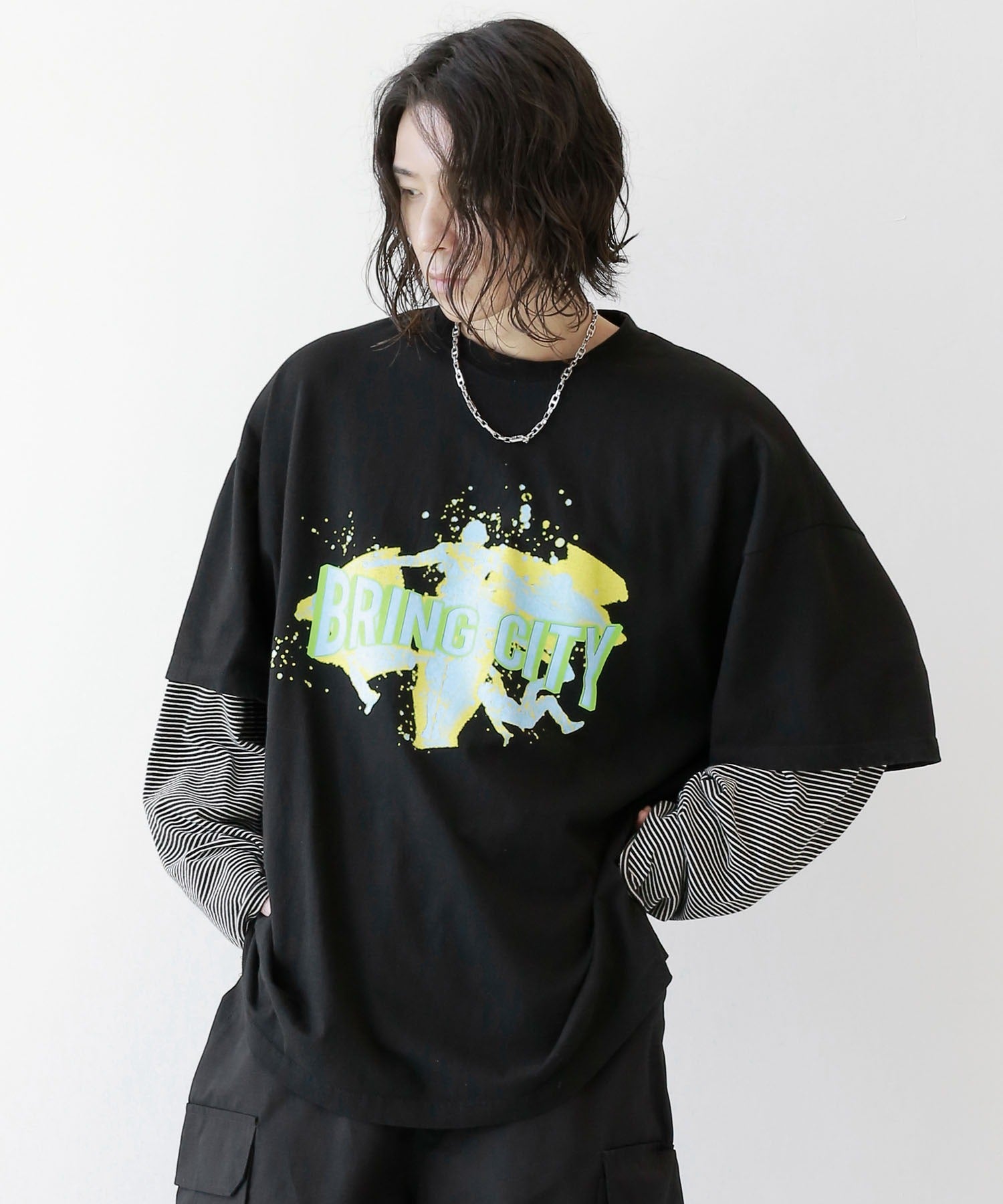 Layered style print long sleeve T-shirt