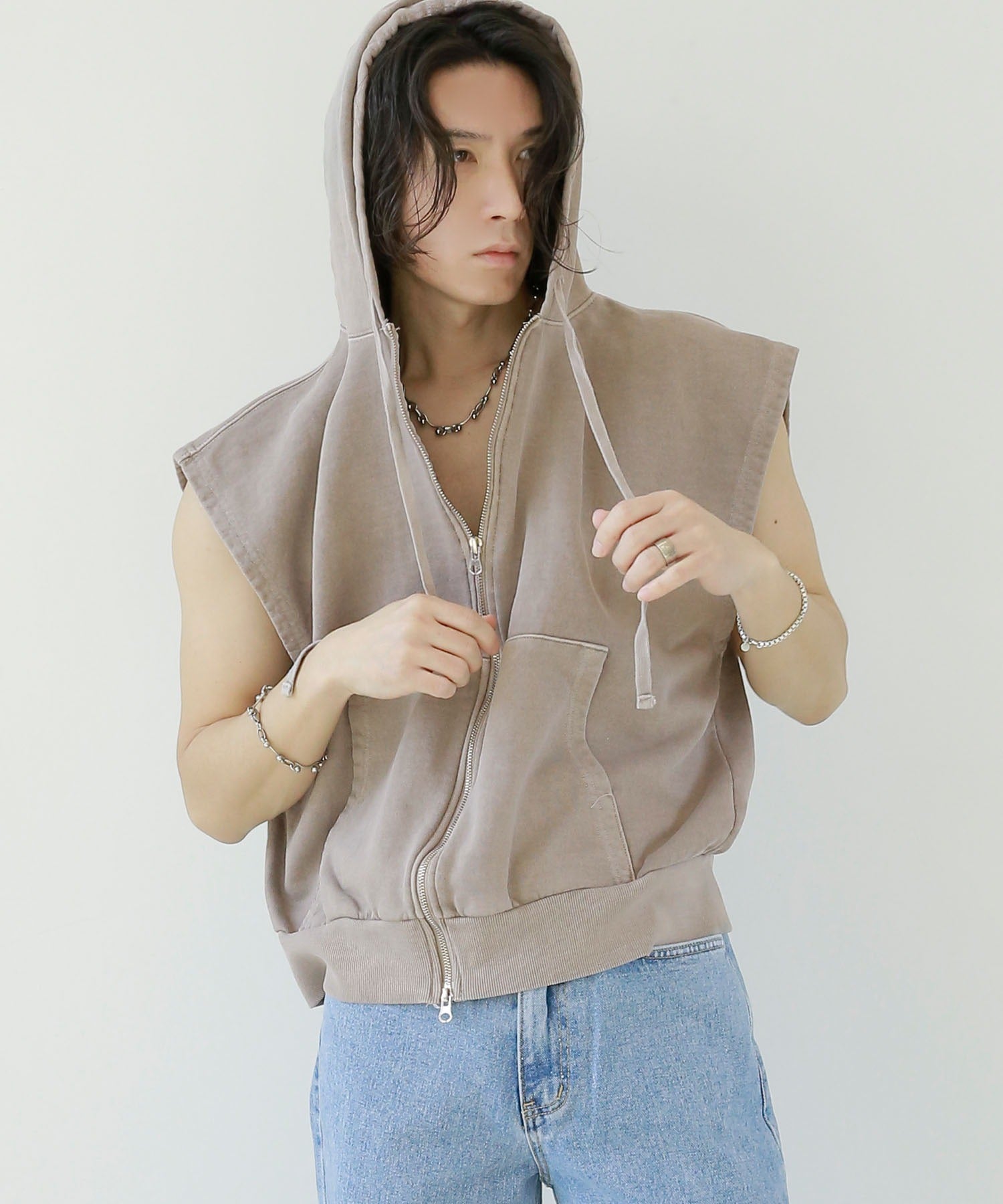 Pigment Wash Hooded Zip Vest