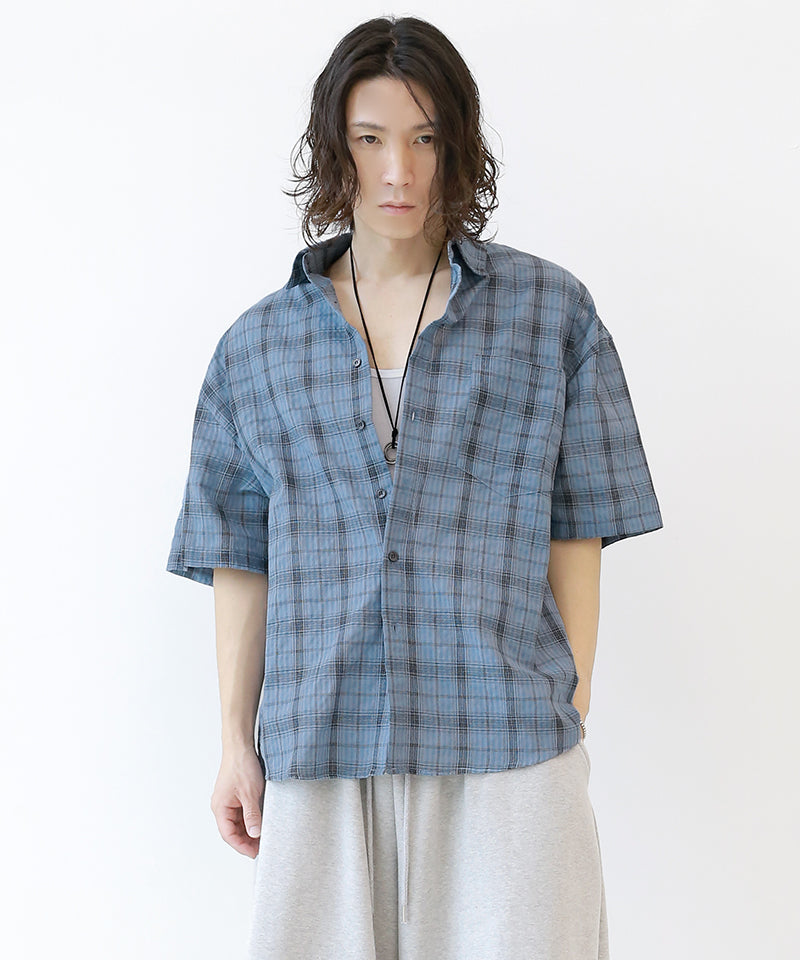 【BAON】[unisex] Heibu Seersucker Over Check Shirt Seersucker Checkered Short-Sleeve Shirt