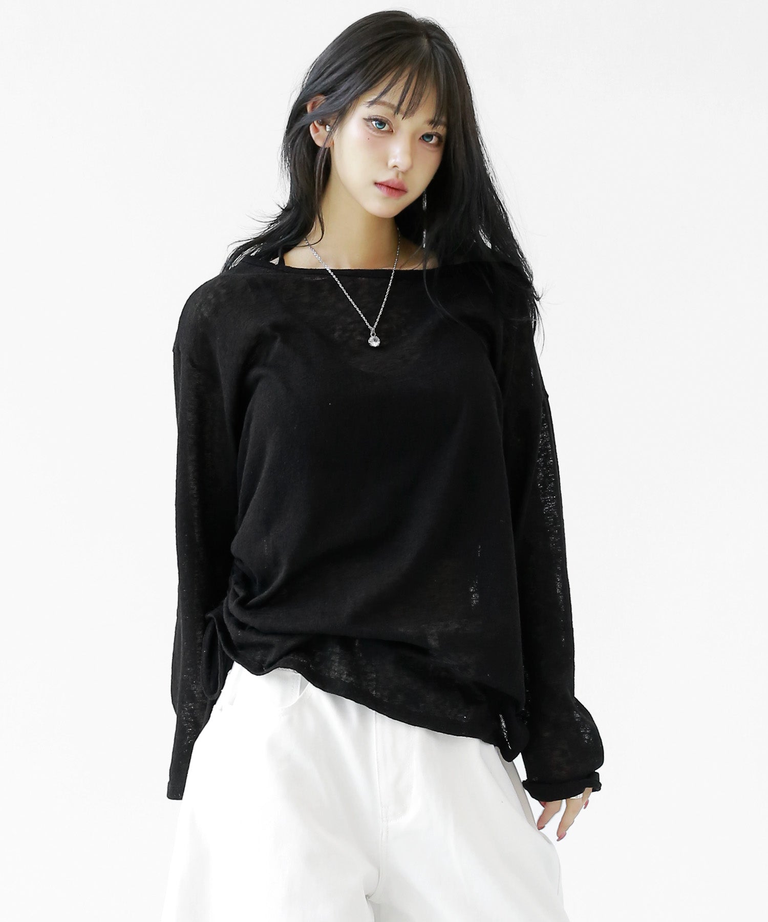 Sheer Shirring 2WAY Long Sleeve Top