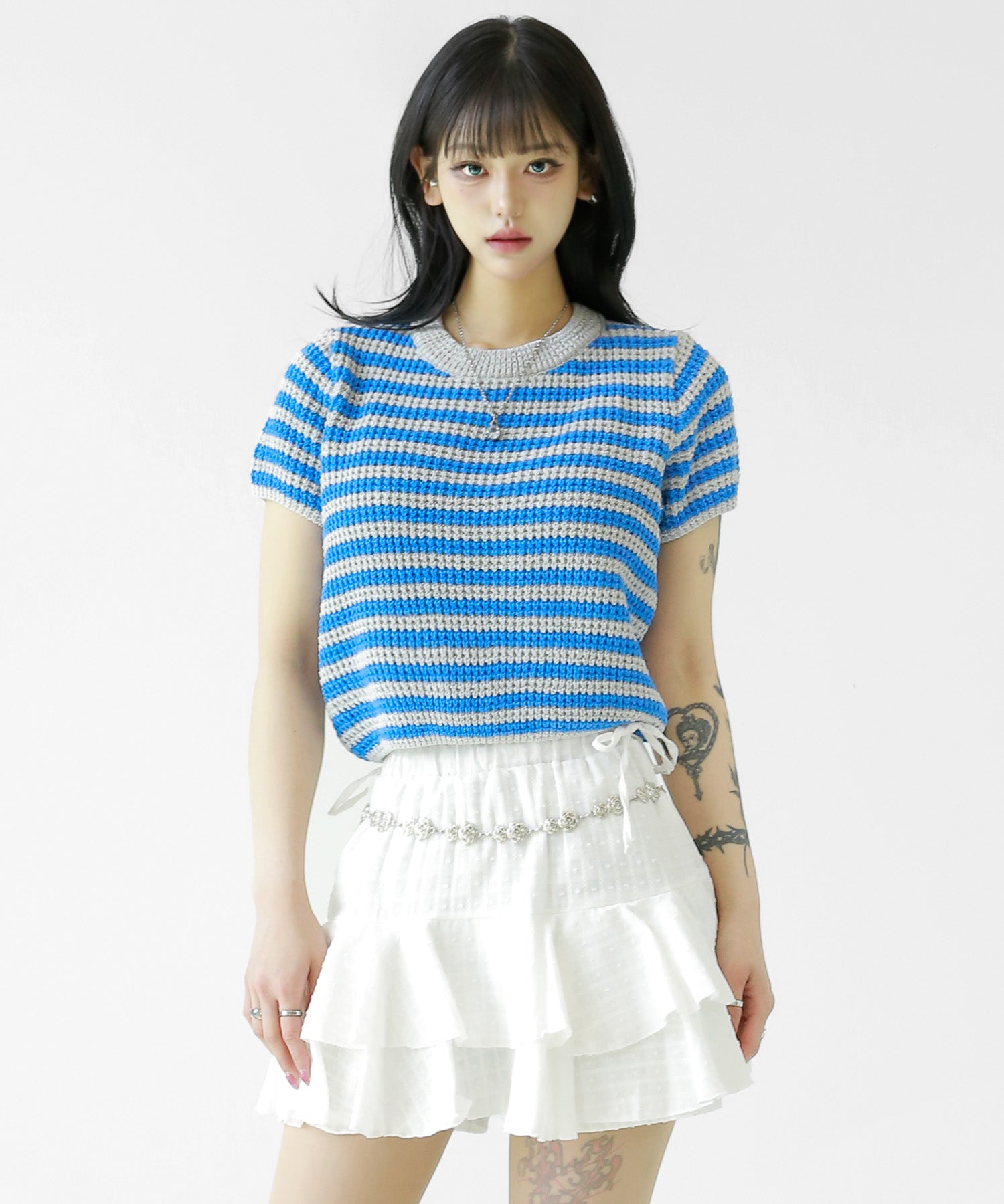 Button knit border T