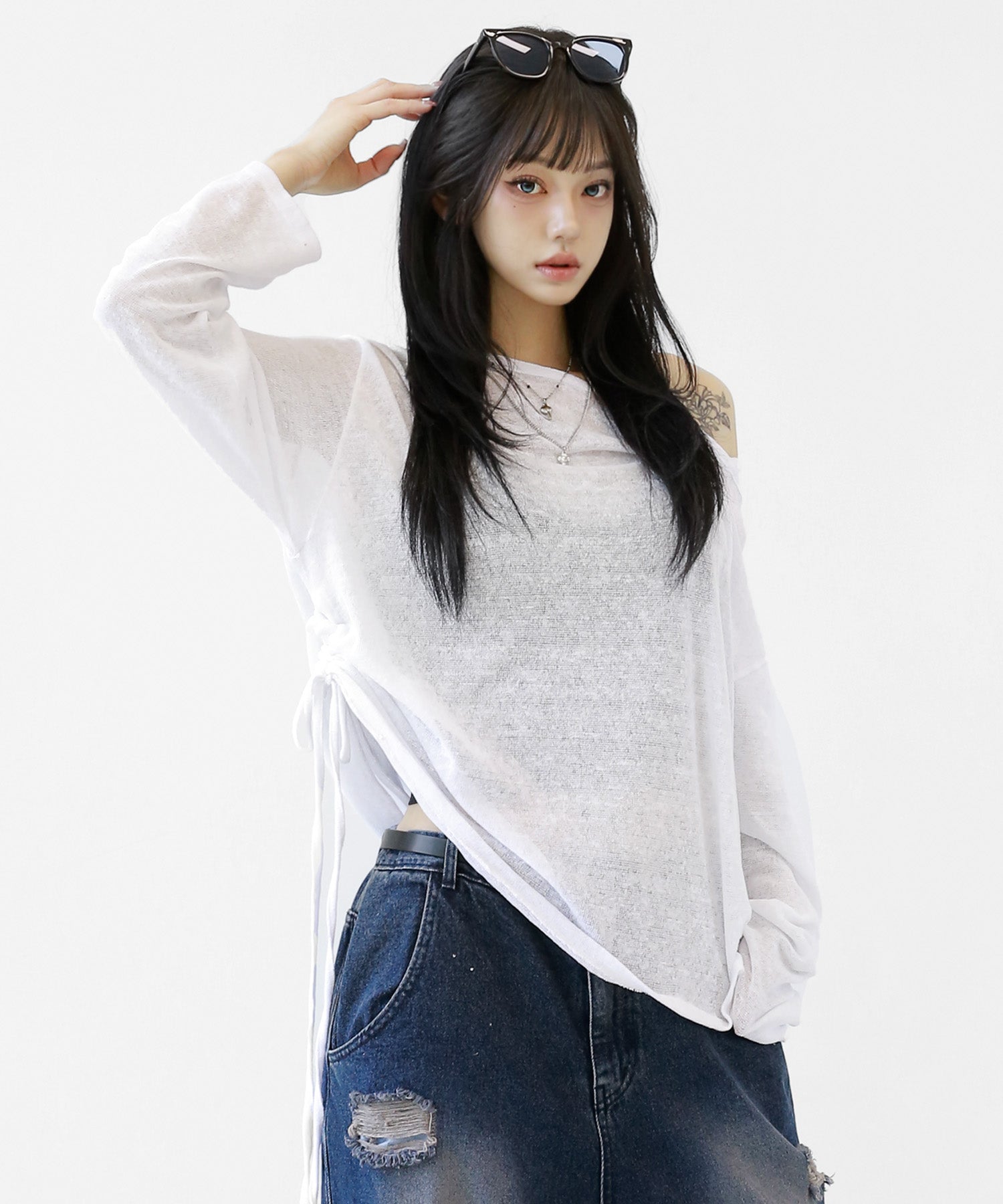Sheer Shirring 2WAY Long Sleeve Top