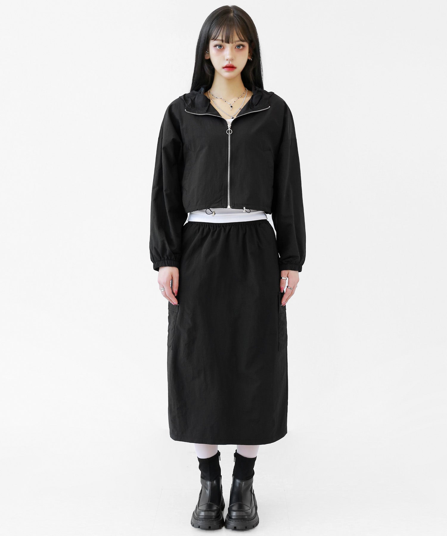 [2-PIECE SET]O-Ring Zip Cargo Pocket Skirt Set – Cropped Hoodie & Slit Skirt