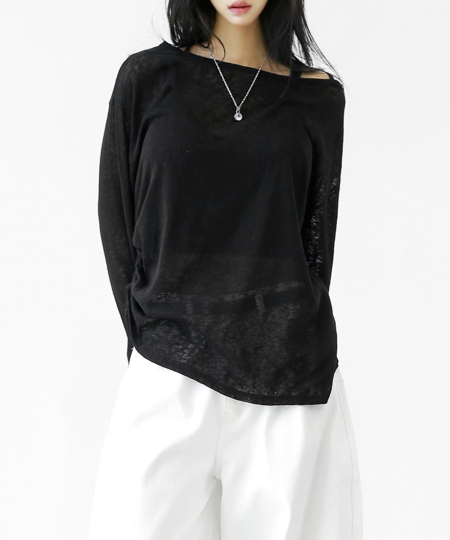 Sheer Shirring 2WAY Long Sleeve Top