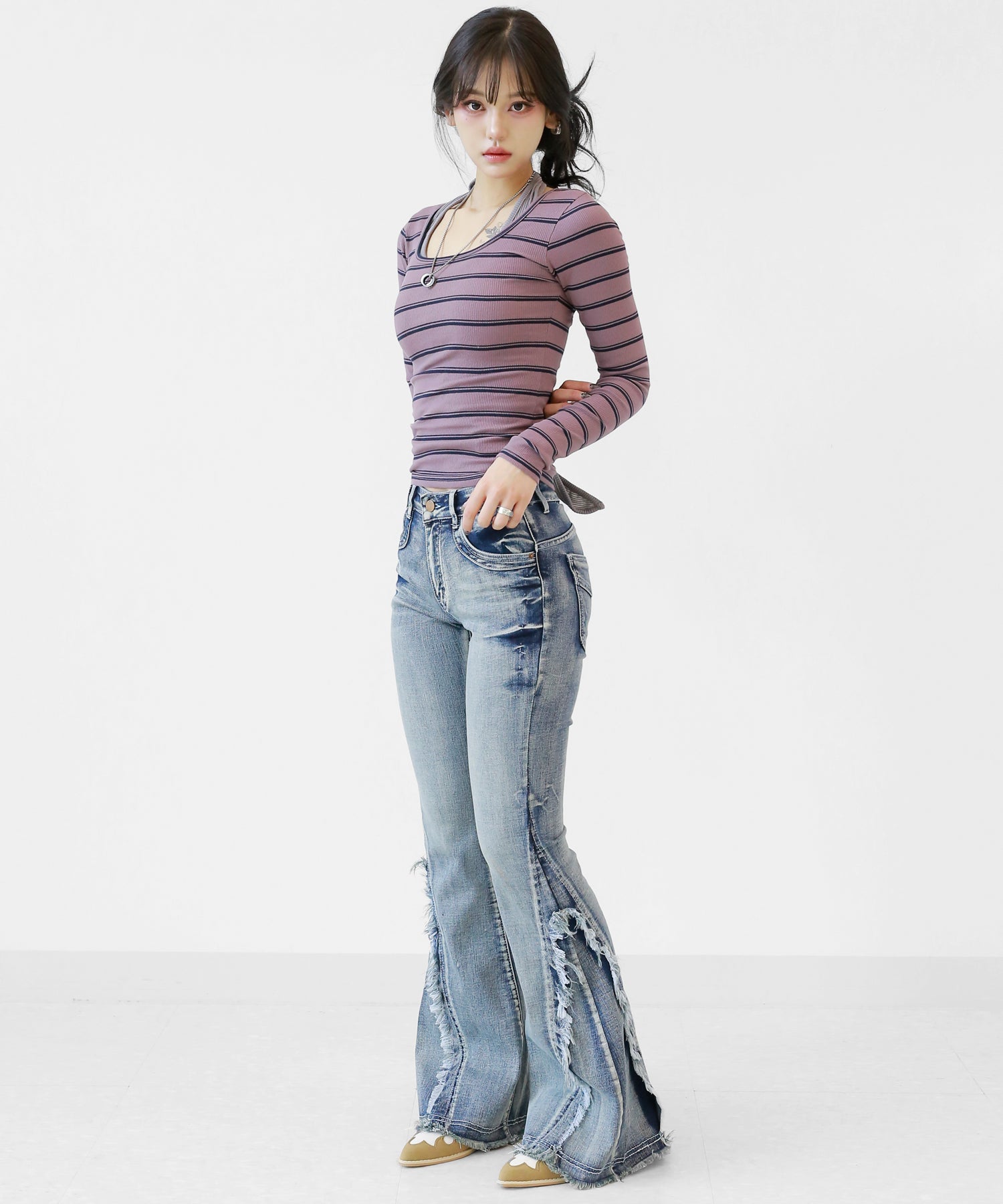 Cut-Off Slim Bootcut Denim Pants
