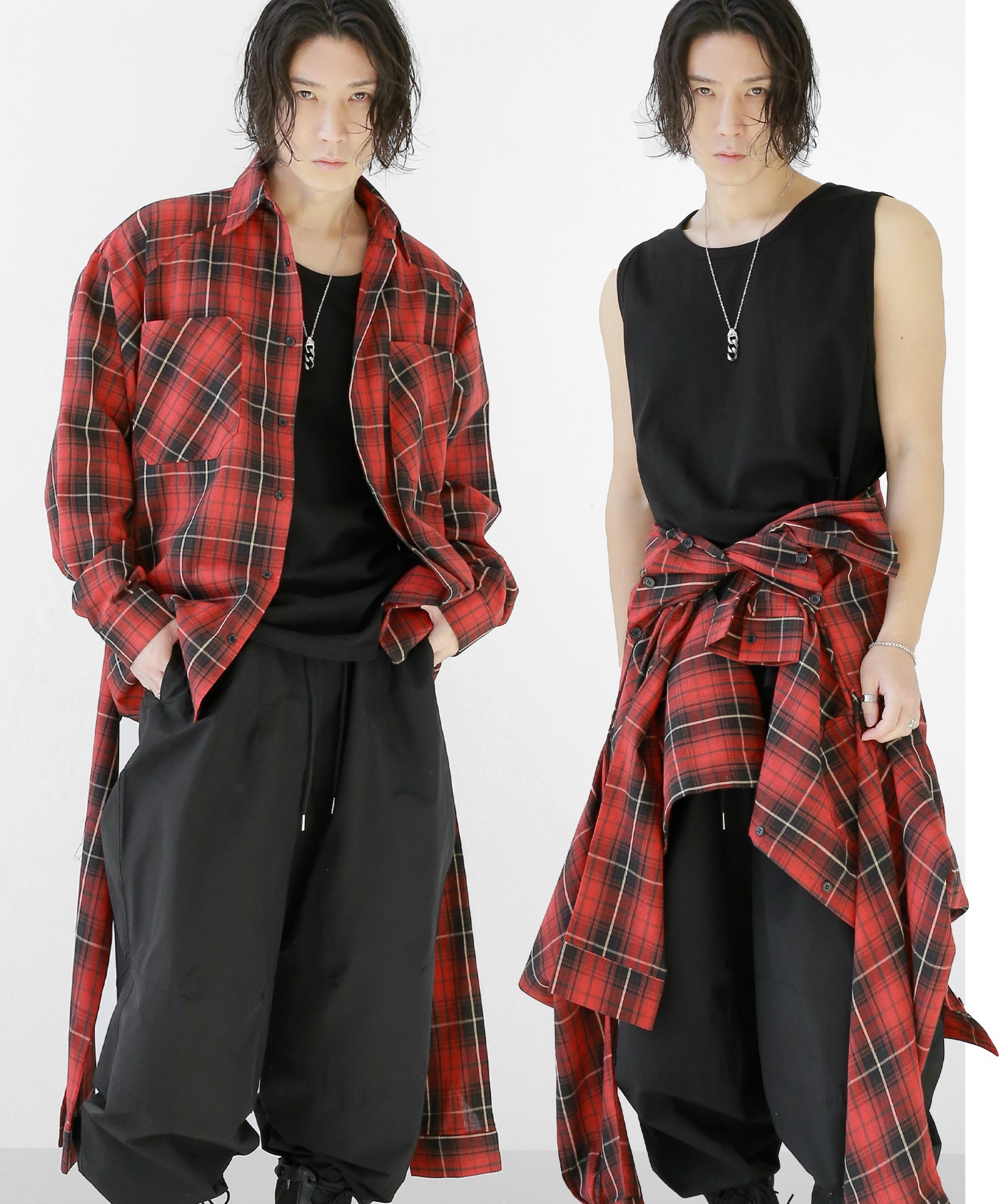 Oversized Double-Sleeve Plaid Shirt