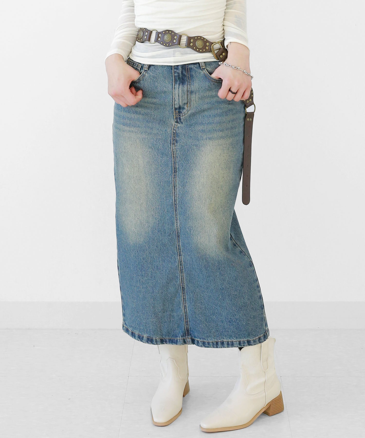 Vintage Wash Long Denim Skirt