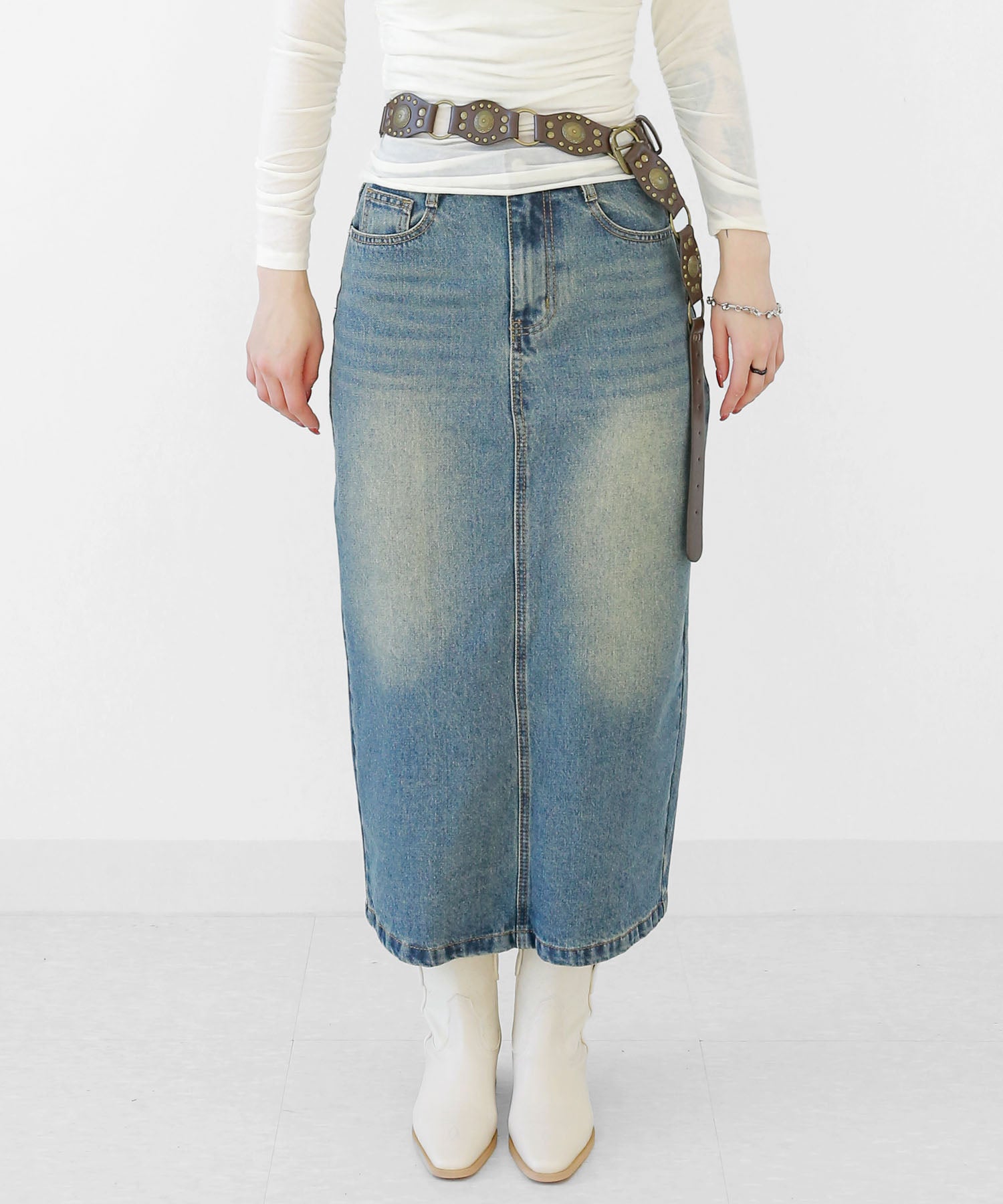 Vintage Wash Long Denim Skirt
