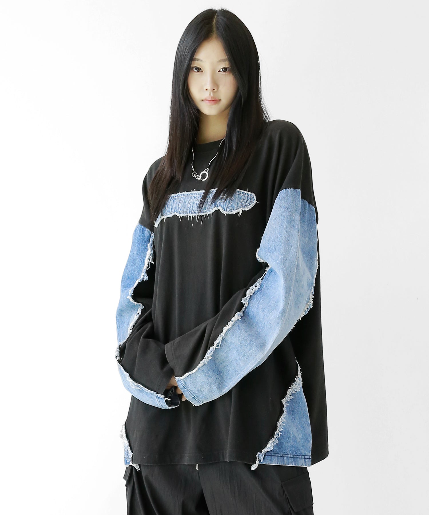 Logo × Denim Panel Long Sleeve Tee