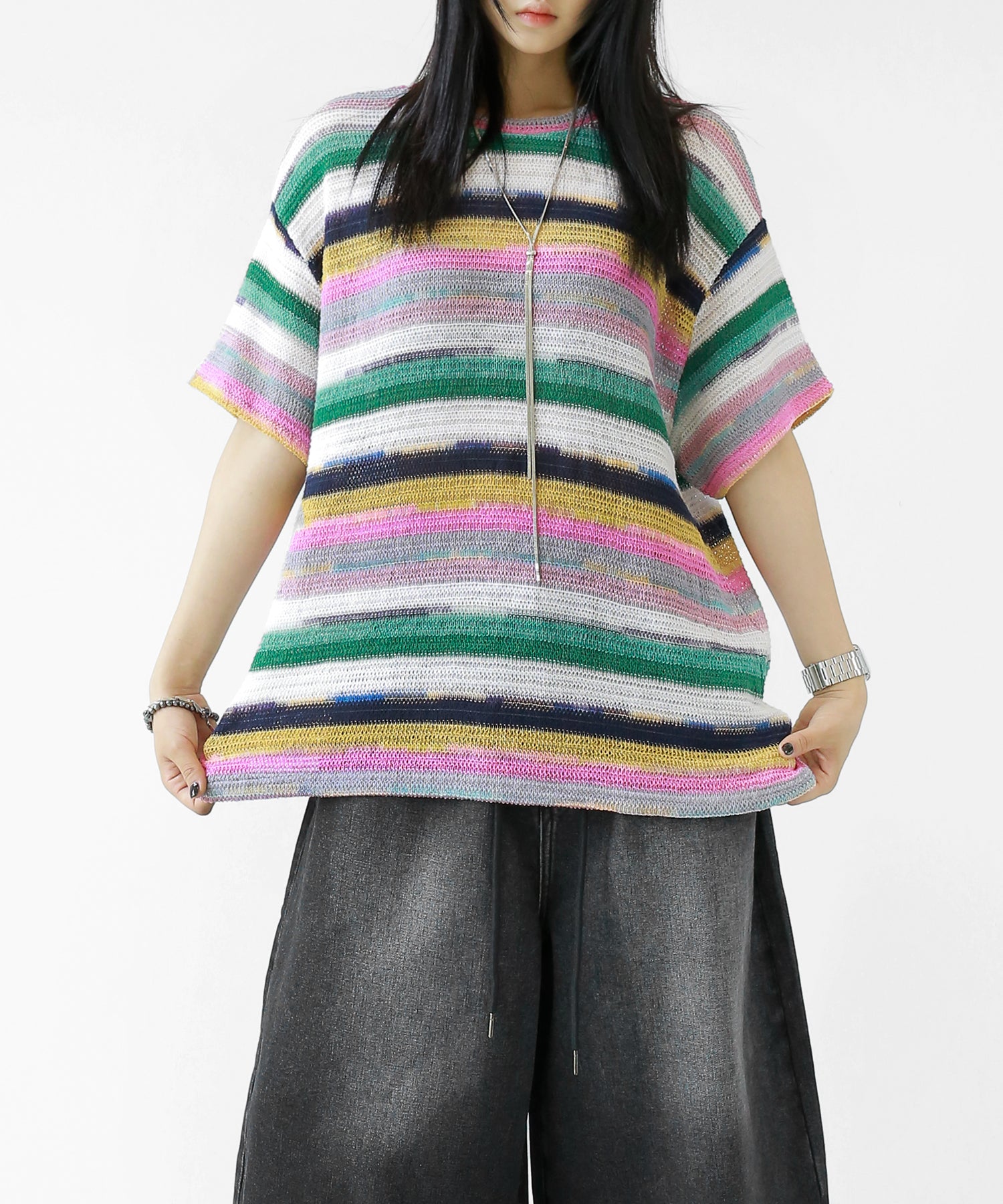 Color Border Summer Knit Tee