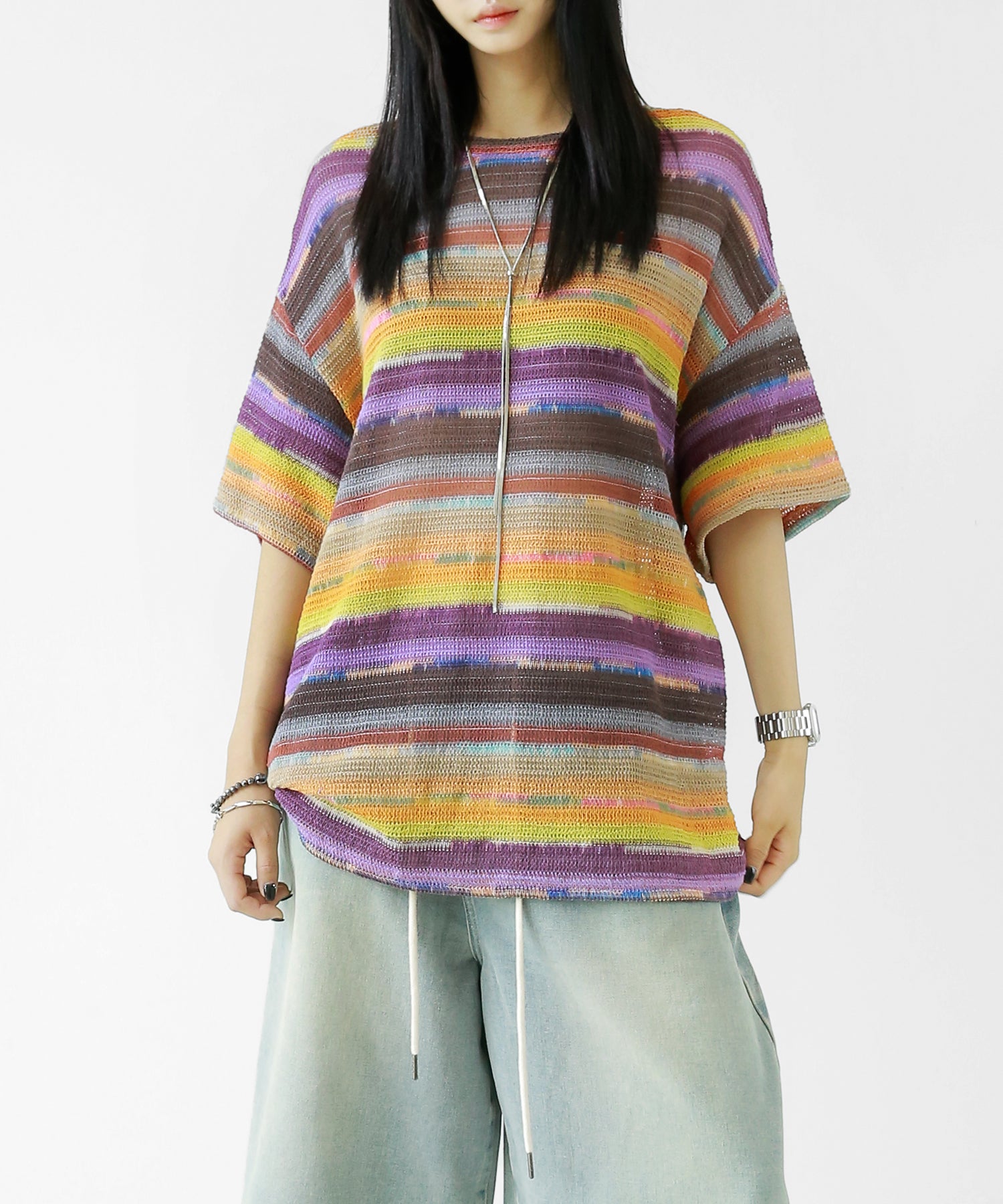 Color Border Summer Knit Tee