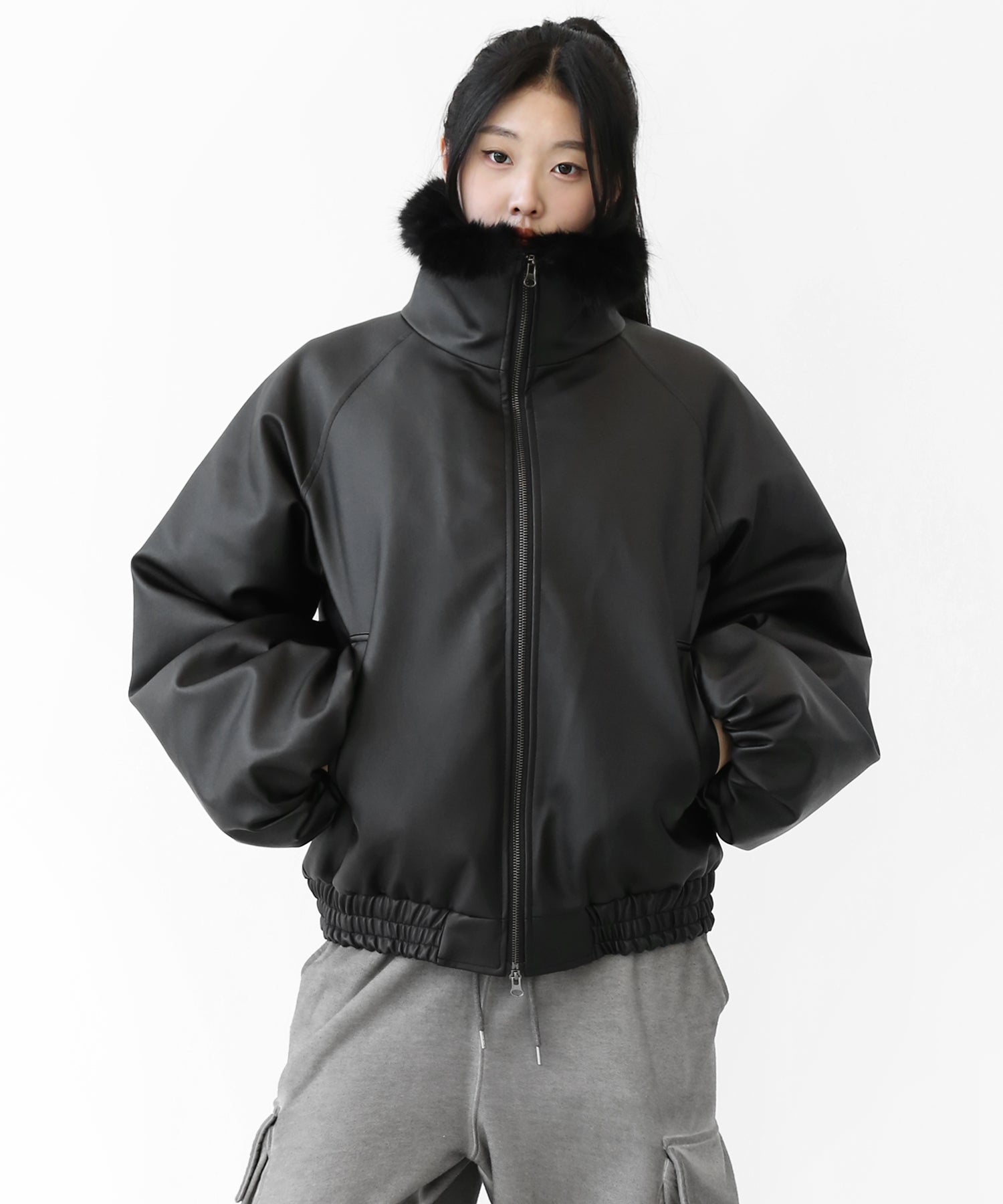 High Neck Faux Leather Fur Balloon Jacket