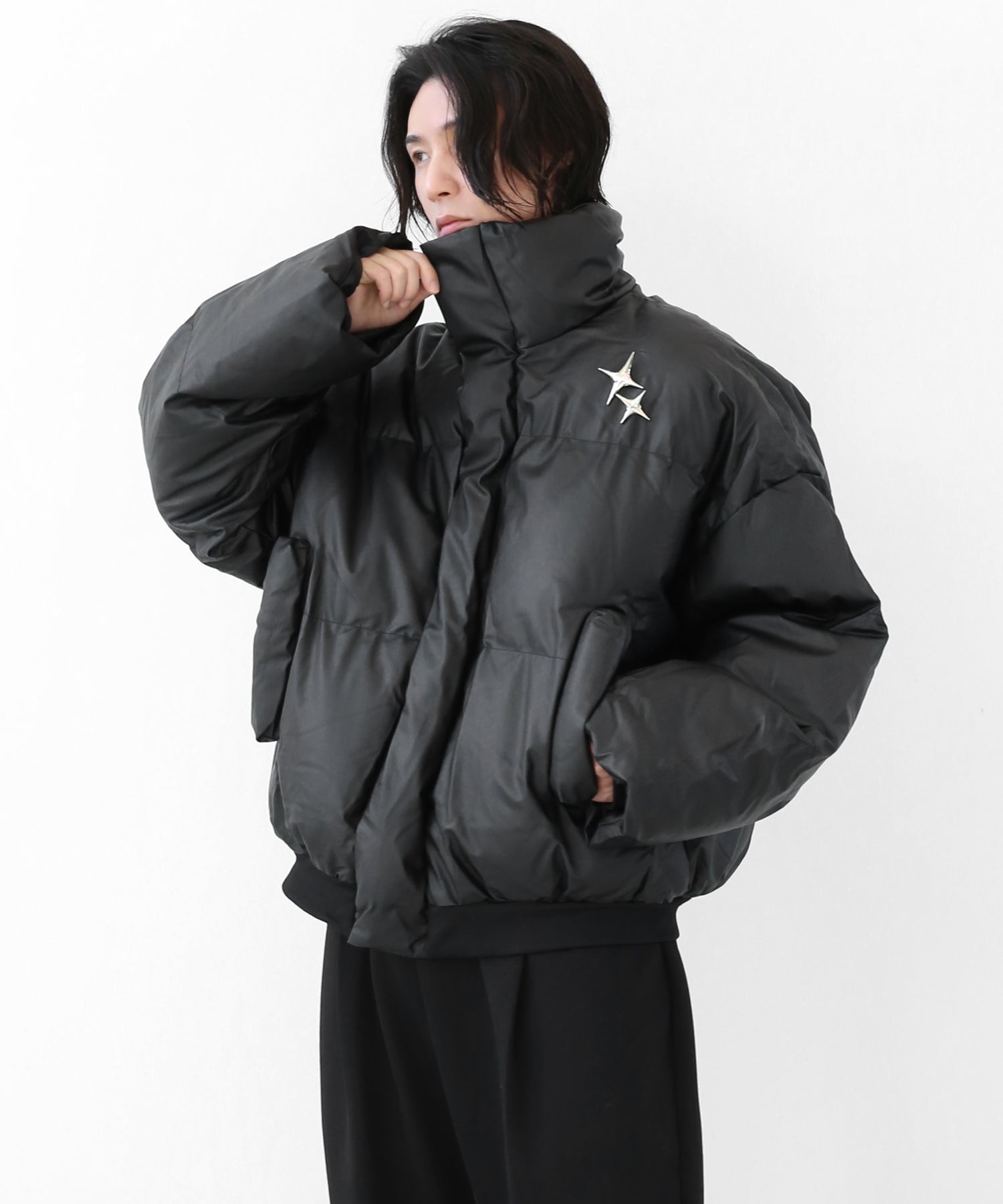 Metal Brooch Leather Down Jacket