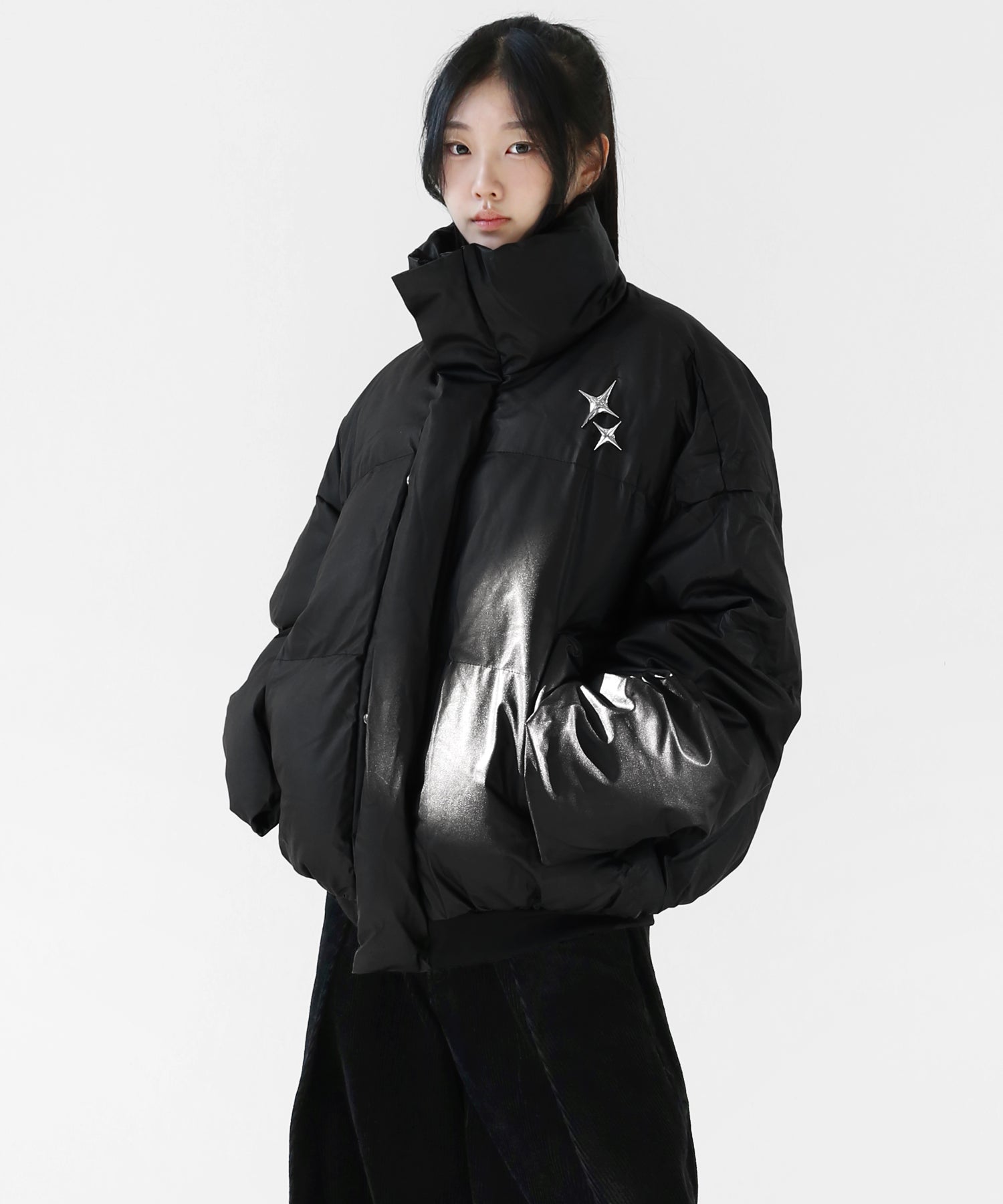 Metal Brooch Leather Down Jacket