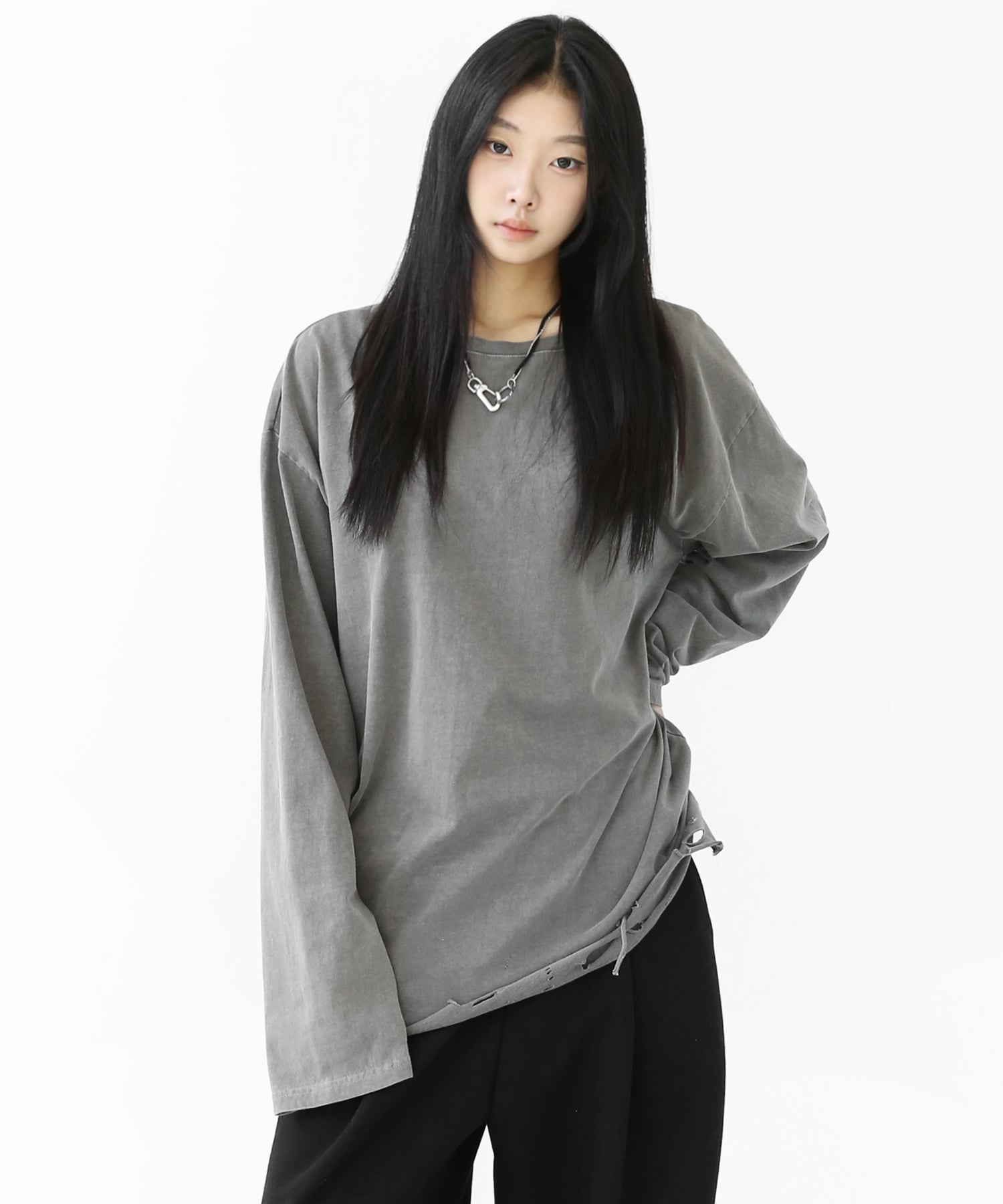 Damaged Hem Fade Long Sleeve Top