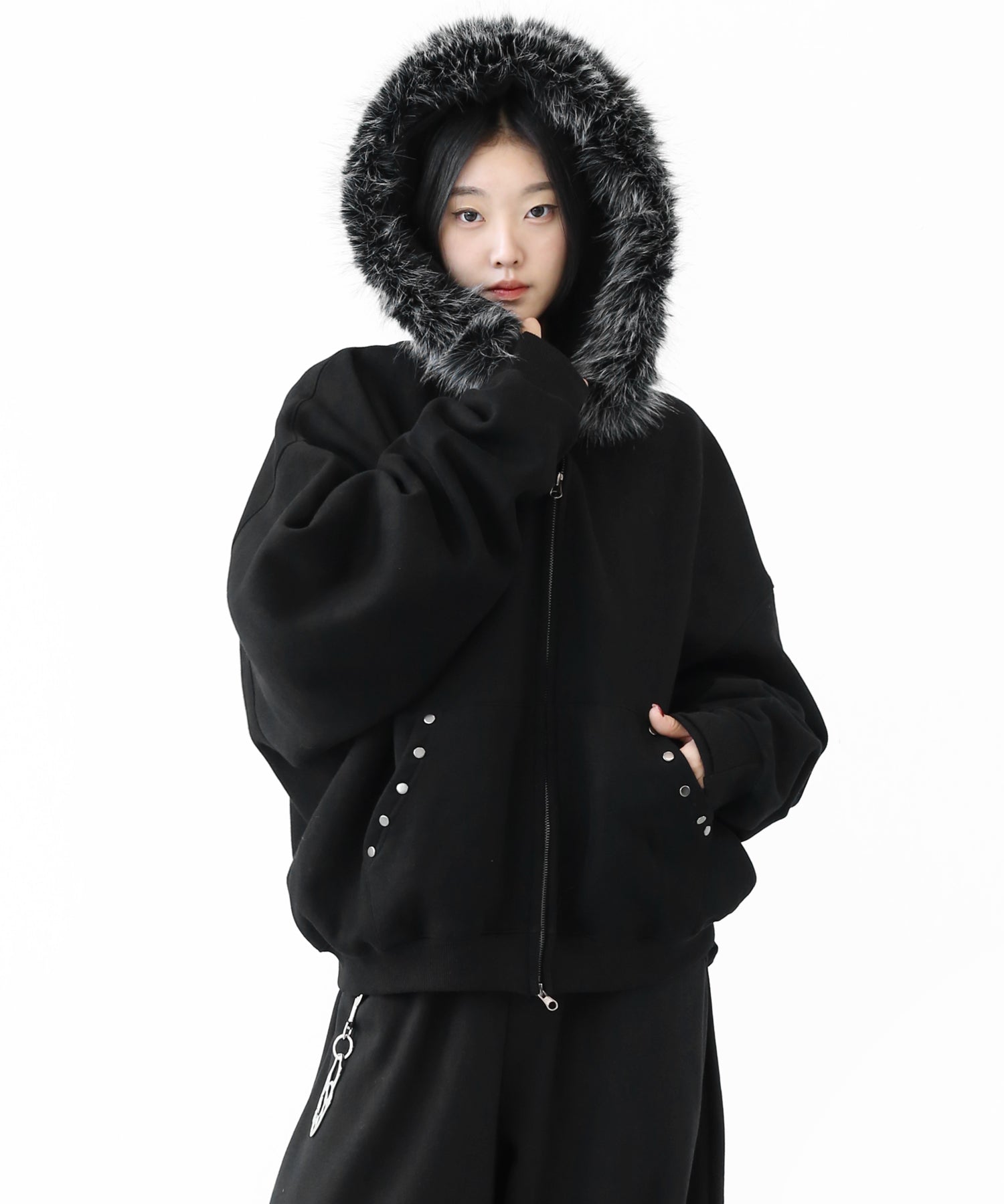 Faux Fur Studded Zip Hoodie