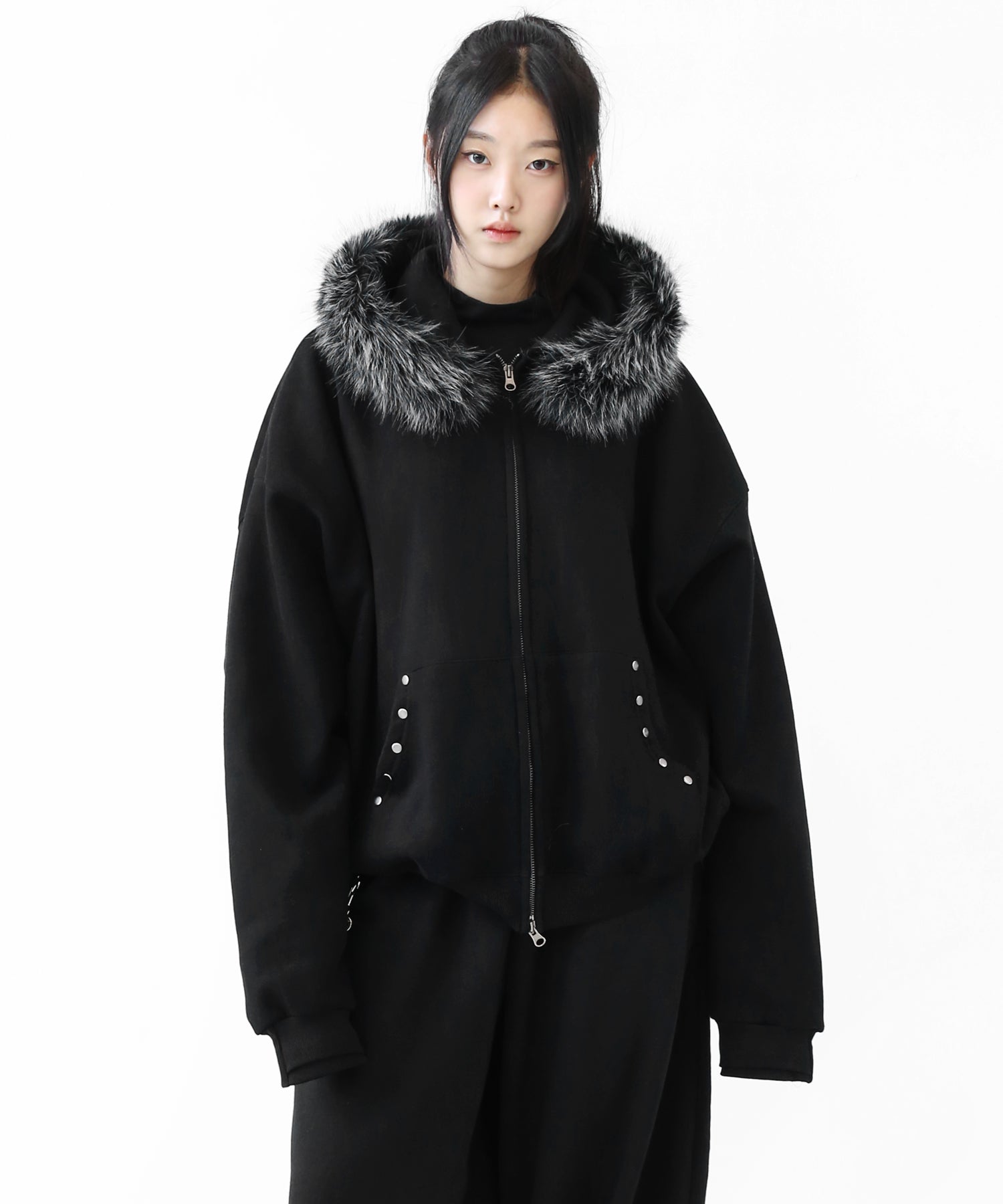 Faux Fur Studded Zip Hoodie